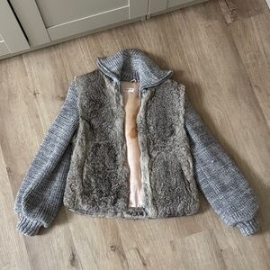 Vtg Gray and Brown Fur Jacket with Knitted Sleeve and Collar Sz S